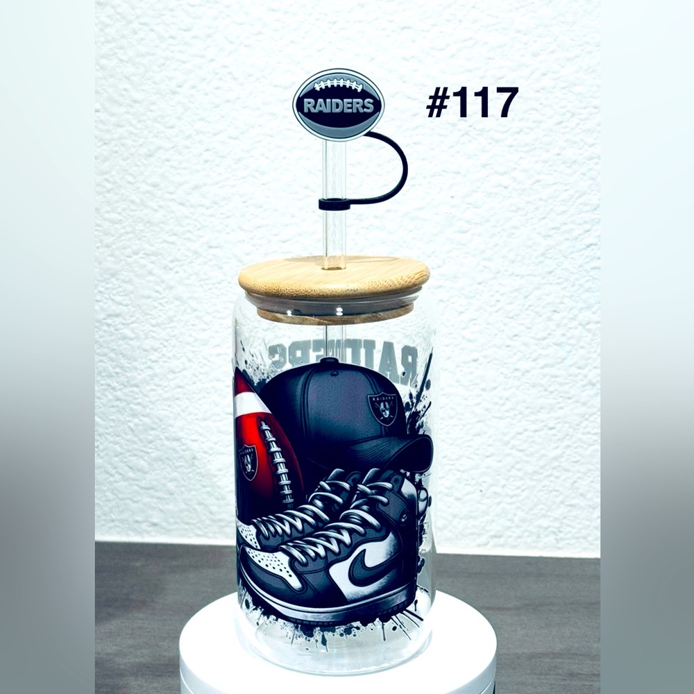 Raiders Themed Art Glass Jar with Black and White Design